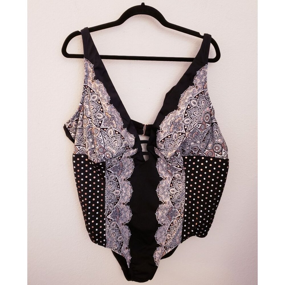 Swimsuits for All Mixed Print Polka Dot Black Underwire Swimsuit Size 26 EUC